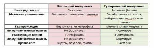 Сравните гуморальный и клеточный иммунитет указав сходные и отличительные признаки​