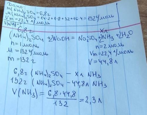 6.8 сульфат аммония смешали с гидроксидом натрия. Найти объем образовавшегося газа