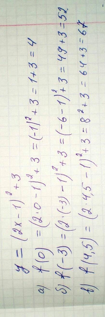 Функцію задано формулою у=(2х-1)²+3 Знайдіть: а)f(0)б)f(-3)в)f(4,5)Будь ласка, дуже