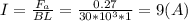 I=\frac{F_{a} }{BL}=\frac{0.27}{30*10^{3} *1} =9 (A)