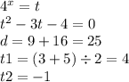 {4}^{x} = t \\ {t}^{2} - 3t - 4 = 0 \\ d = 9 + 16 = 25 \\ t1 = (3 + 5) \div 2 = 4 \\ t2 = - 1