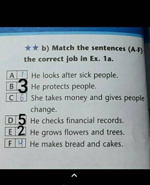 B) Match the sentences (A-F) the correct job in Ex. 1a.B.A 1 He looks after sick people.He protects