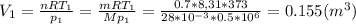 V_{1} =\frac{nRT_{1} }{p_{1} }=\frac{mRT_{1}}{Mp_{1}} =\frac{0.7*8,31*373}{28*10^{-3}*0.5*10^{6} }=0.155 (m^{3})