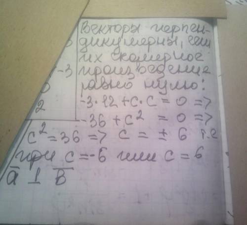 Дано векторы a(-3;c) и b (12;c). При каком значении c векторы перпендикулярны?​