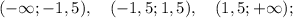 (-\infty; -1,5), \quad (-1,5; 1,5), \quad (1,5; +\infty);