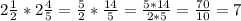 2 \frac{1}{2} * 2 \frac{4}{5} = \frac{5}{2} * \frac{14}{5} = \frac{5 * 14}{2 * 5} = \frac{70}{10} = 7