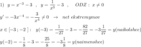 1)\ \ y=x^{-3}-3\ \ ,\ \ y=\dfrac{1}{x^3}-3\ \ ,\ \ \ \ ODZ:\ x\ne 0\\\\y'=-3x^{-4}=-\dfrac{3}{x^4}\ne 0\ \ \to\ \ net\ ekstremymov\\\\x\in [-3\, ;\, -2\ ]:\ \ y(-3)=\dfrac{1}{-27}-3=-\dfrac{82}{27}=-3\dfrac{1}{27}=y(naibolshee)\\\\y(-2)=-\dfrac{1}{8}-3=-\dfrac{25}{8}=-3\dfrac{1}{8}=y(naimenshee)