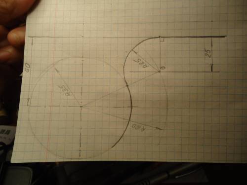 R окружности – 35мм прямая а на расстоянии 50мм от центра окружности точки О R сопряжения 25мм Постр