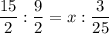 \dfrac{15}{2} : \dfrac{9}{2} = x : \dfrac{3}{25}