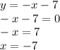 y = - x - 7 \\ - x - 7 = 0 \\ - x = 7 \\ x = - 7