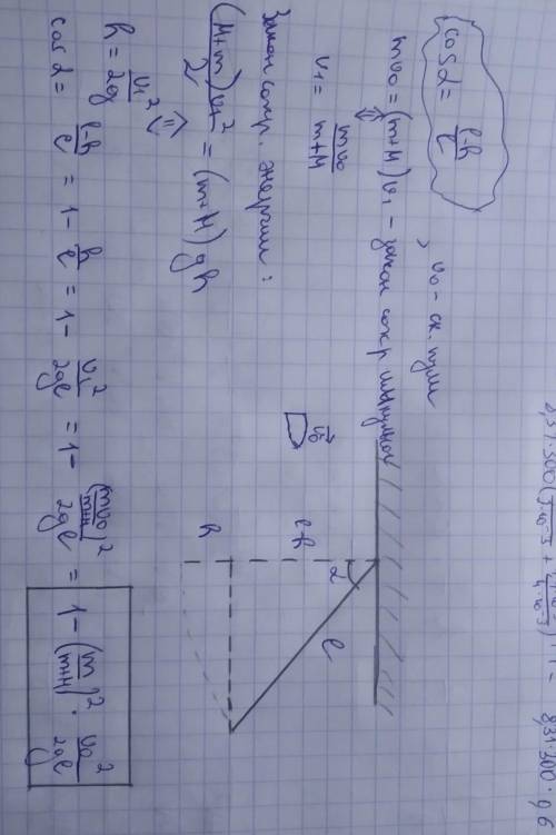 Горизонтально летевшая со скоростью V пуля массы m попадает, застряв, в середину висящего вертикальн