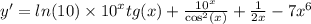 y' = ln(10) \times {10}^{x} tg(x) + \frac{ {10}^{x} }{ { \cos}^{2} (x)} + \frac{1}{2x} - 7 {x}^{6}