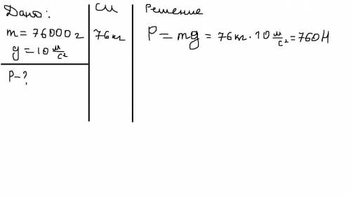 Каков вес человека на поверхности земли, если его масса равна 76000грам