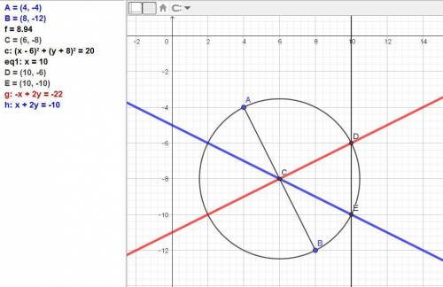Дано: А(4;-4) и В(8;-12). напишите уравнение прямой, проходящей через центр окружности с диаметром А