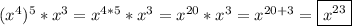 (x^{4})^{5}*x^{3}=x^{4*5}*x^{3}=x^{20}*x^{3}=x^{20+3}=\boxed{x^{23}}