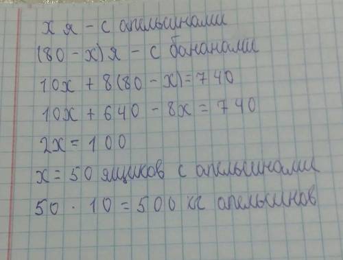 В магазин привезли 740 кг апельсинов и бананов в 80 ящиках. В одном ящике было 10 кг апельсинов или