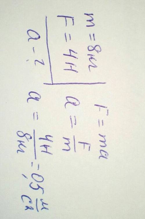 Визначте, з яким прискоренням рухатиметься тіло масою 8 кг під дією рівнодійної сили 4 Н.​
