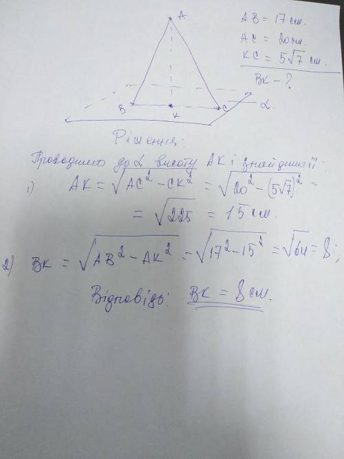 З точки А до площини проведено дві похилі завдовжки 17 см і 20 см. Знайти проекцію меншої похилої, я