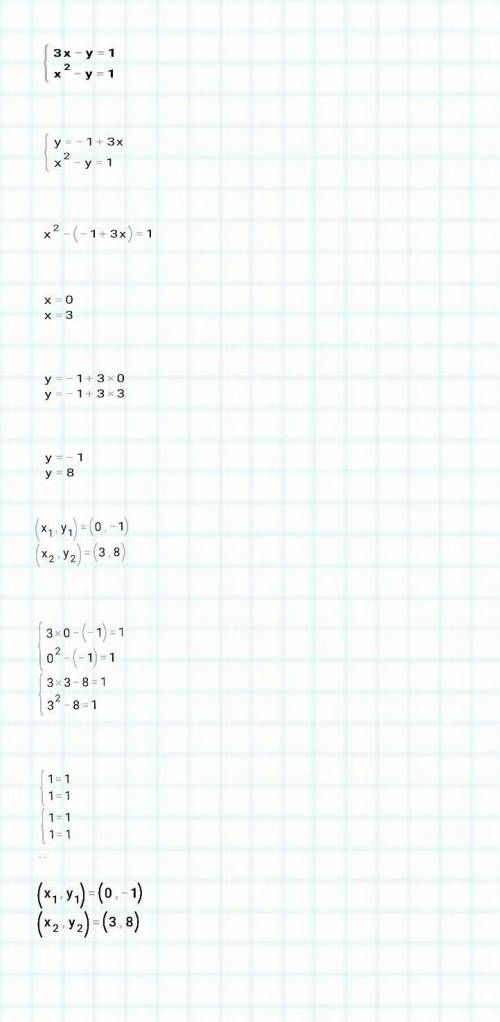 Розв'яжіть систему рівнянь 3x-y=1;x^2-y=1​