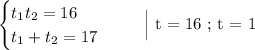 \begin{equation*}\begin{cases}t_{1}t_{2} = 16\\t_{1}+t_{2} = 17\end{cases}\end{equation*}\ \ \ \ \ \Big| t = 16\ ;\ t = 1