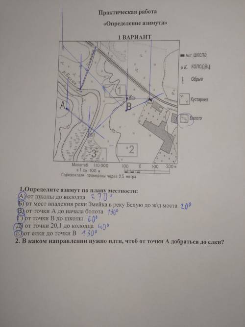 Определите азимут по плану местности: А) от школы до колодца Б) от мест впадения реки Змейка в реку