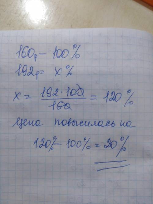 Цена товара повысилась со 160 руб до 192 руб. На сколько процентов повысилась цена товара