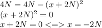 4N = 4N-(x+2N)^2 \\ (x+2N)^2 = 0 \\ x+2N = 0 < = x = - 2N \\ \\