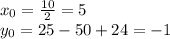 x_{0} = \frac{10}{2} = 5\\y_0 = 25 - 50 + 24 = -1