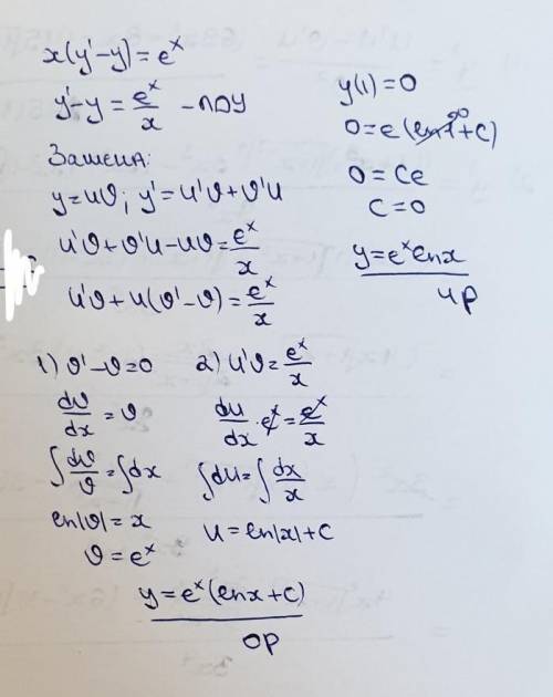 Найти частное решение дифференциального уравнения: X(y'-y)=ex, y(1)=0