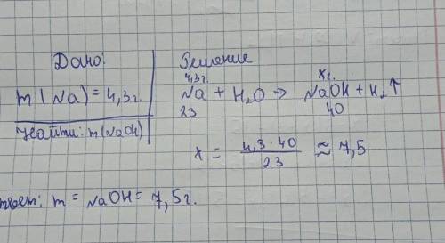 Какая масса гидроксида натрия образуется при взаимодействии 4,3 г натрия с водой?