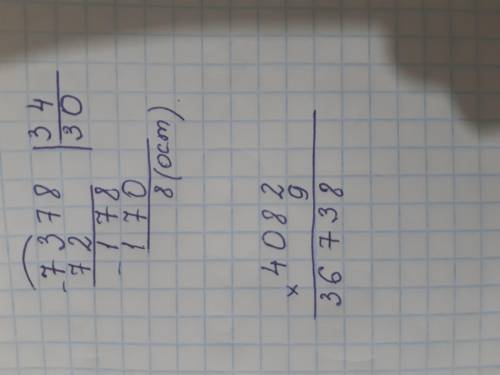 решить примеры столбиком: 4082•9 7378:34