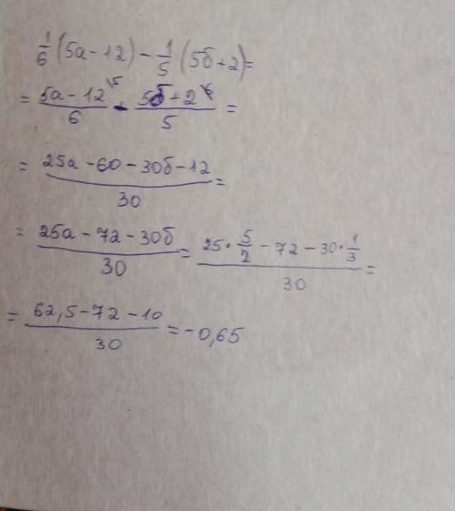 упростите выражение 1/6(5а-12)-1/5(5б+2);и найдете его значение при =2 1/2 ,б