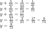 y + \frac{3}{25} = \frac{4}{15} - \frac{1}{25} \\ y + \frac{3}{25} = \frac{20}{75} - \frac{3}{75} \\ y + \frac{3}{25} = \frac{17}{75} \\ y = \frac{17}{75} - \frac{3}{25} = \frac{17}{75} - \frac{9}{75} \\ y = \frac{8}{75}