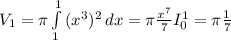 V_1=\pi \int\limits^1_1 {(x^3)^2} \, dx = \pi \frac{x^7}{7} I_0^1=\pi \frac{1}{7}