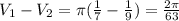 V_1-V_2 = \pi (\frac{1}{7} -\frac{1}{9} )=\frac{2\pi }{63}