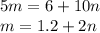 5m = 6 + 10n \\ m = 1.2 + 2n