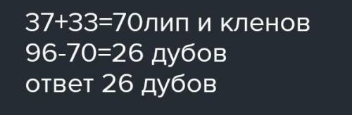 В парке 96 деревьев. Из них 56 лип, это в 8 раз >, чем клёнов, остальные дубы. Сколько дубов в па