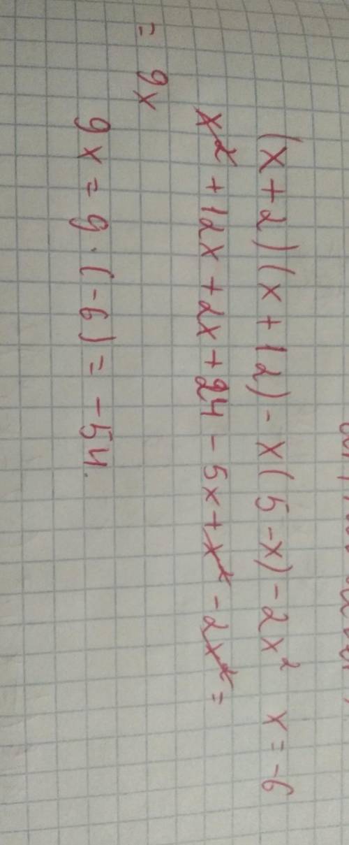 Спростіть вираз (x+2)(x+12)-x(5-x)-2x² і знайдіть його значення ,якщо x=-6​