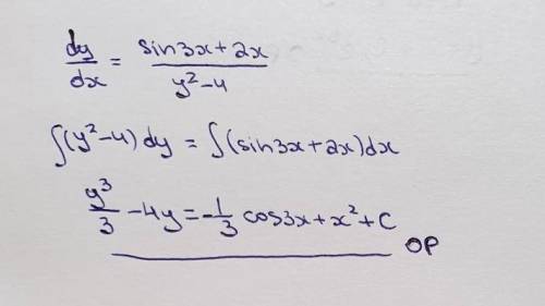 Решить дифференциальное уравнение y' = (sin3x+2x)(y^2-4)