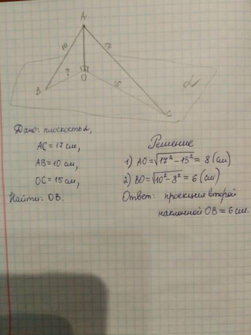 из некоторой точки пространства проведены к плоскости две наклонные 10 и 17см проекция большей из ни