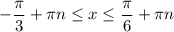 -\dfrac{\pi }{3} +\pi n \leq x \leq \dfrac{\pi}{6}+\pi n