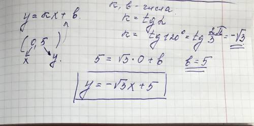 Найти уравнение прямой образующей с осью абсцисс углом 120 градусов и пересекающей ось ординат в точ