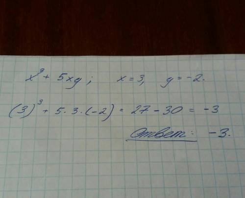 Знайдіть значення многочлена x^3+5xy якщо x=3, y=-2