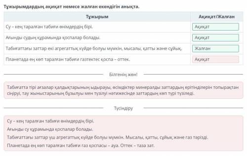 Табиғатта заттардың түзілуі Тұжырымдардың ақиқат немесе жалған екендігін анықта. - Су – кең таралған