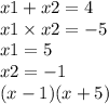 x1 + x2 = 4 \\ x1 \times x2 = - 5 \\ x1 = 5 \\ x2 = - 1 \\ (x - 1)(x + 5)