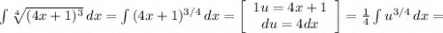 \int{\sqrt[4]{(4x+1)^3} } \, dx =\int {(4x+1)^{3/4}} \, dx =\left[\begin{array}{ccc}1u=4x+1\\du=4dx\\\end{array}\right] =\frac{1}{4} \int {u^{3/4}} \, dx =