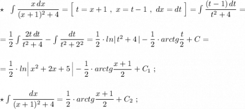 \star \ \ \int \dfrac{x\, dx}{(x+1)^2+4}=\Big[\ t=x+1\ ,\ x=t-1\ ,\ dx=dt\ \Big]=\int \dfrac{(t-1)\, dt}{t^2+4}=\\\\\\=\dfrac{1}{2}\int \dfrac{2t\, dt}{t^2+4}-\int \dfrac{dt}{t^2+2^2}=\dfrac{1}{2}\cdot ln |\, t^2+4\, |-\dfrac{1}{2}\cdot arctg\dfrac{t}{2}+C=\\\\\\=\dfrac{1}{2}\cdot ln\Big|\, x^2+2x+5\, \Big|-\dfrac{1}{2}\cdot arctg\dfrac{x+1}{2}+C_1\ ;\\\\\\\star \int \dfrac{dx}{(x+1)^2+4}=\dfrac{1}{2}\cdot arctg\dfrac{x+1}{2}+C_2\ ;