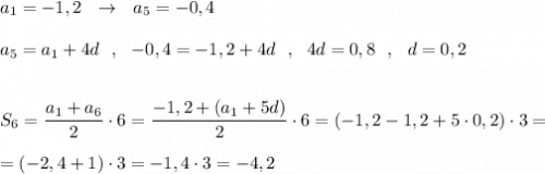 a_1=-1,2\ \ \to \ \ a_5=-0,4\\\\a_5=a_1+4d\ \ ,\ \ -0,4=-1,2+4d\ \ ,\ \ 4d=0,8\ \ ,\ \ d=0,2\\\\\\S_6=\dfrac{a_1+a_6}{2}\cdot 6=\dfrac{-1,2+(a_1+5d)}{2}\cdot 6=(-1,2-1,2+5\cdot 0,2)\cdot 3=\\\\=(-2,4+1)\cdot 3=-1,4\cdot 3=-4,2