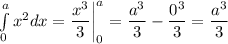 \int\limits_0^a {x}^{2} dx = \dfrac{ {x}^{3} }{3} \bigg|_0^a = \dfrac{ {a}^{3} }{3} - \dfrac{ {0}^{3} }{3} = \dfrac{ {a}^{3} }{3}