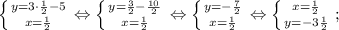 \left \{ {{y=3 \cdot \frac{1}{2}-5} \atop {x=\frac{1}{2}}} \right. \Leftrightarrow \left \{ {{y=\frac{3}{2}-\frac{10}{2}} \atop {x=\frac{1}{2}}} \right. \Leftrightarrow \left \{ {{y=-\frac{7}{2}} \atop {x=\frac{1}{2}}} \right. \Leftrightarrow \left \{ {{x=\frac{1}{2}} \atop {y=-3\frac{1}{2}}} \right. ;